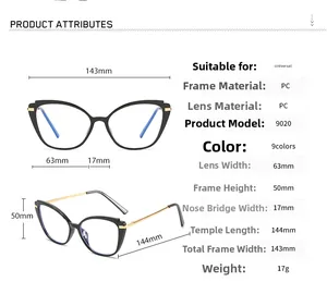 Detailed size specifications for cat-eye TR90 frames with golden metal temples