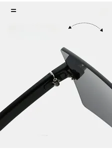 Detail of durable metal hinge on black rimless sunglasses with model M506 markings