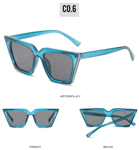 Vue en trois angles des lunettes de soleil œil de chat bleues avec des verres gris