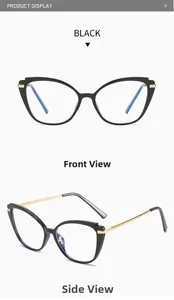 Cat eye glasses with TR90 black frames and gold metal temples featuring blue light blocking