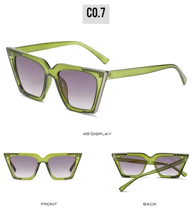 Trois vues de lunettes de soleil carrées rétro vert foncé avec verres dégradés violets