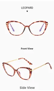 Detailed front and side view of leopard print cat-eye glasses with anti-blue light lenses