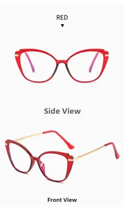 Detailed front and side views of red cat-eye TR90 frames with golden metal temples