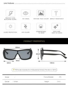 Size guide for oversized candy color sunglasses with 150mm width and PC frame specs