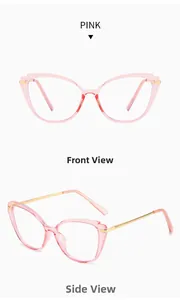 Detailed views of pink cat-eye glasses frame with golden metal legs from front and side