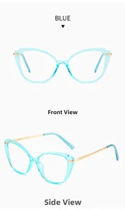 Detailed view of cat-eye glasses with light blue frames and golden metal temples