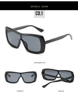 Detailed multi-angle views of black oversized shield sunglasses with dark grey lenses