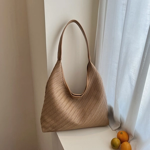 Retro large capacity woven tote bag for women in khaki earth tones with shoulder strap