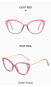Front and side views of light red cat-eye glasses frames with gold metal temples