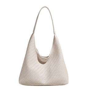 Retro large capacity woven tote bag for women in cream white with a minimalist design