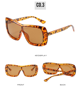 Detailed views of leopard print oversized sunglasses with brown lenses from three angles