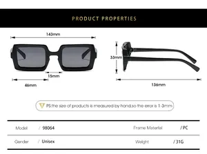 Detailed size chart for rectangular sunglasses showing frame width 143mm and lens height 33mm