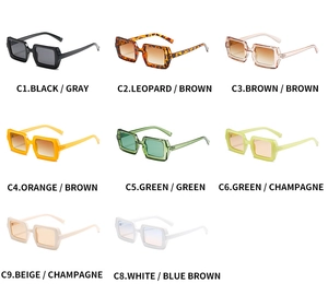 Grid display of trendy square sunglasses in eight candy colors with thick vintage frames