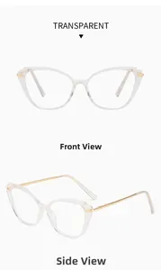 Detailed views of transparent cat-eye glasses frames with gold metal temples for women