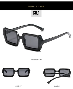 Detailed multi-angle views of black square frame sunglasses with dark lenses