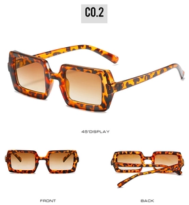 Three-way view of retro tortoiseshell square frame sunglasses with tea gradient lenses