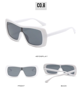 Multi-angle views of white oversized shield sunglasses with deep grey lenses