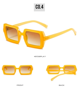 Three angles of bright orange square sunglasses with brown gradient lenses