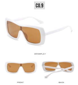 Front and back views of large white frame sunglasses with amber lenses and 45 degree angle