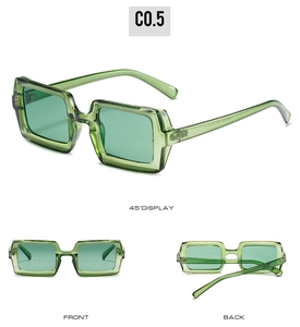 Detailed views of vintage green rectangle sunglasses with hinge and frame parameters