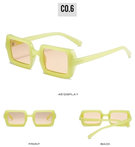 Three-way view of trendy neon green square sunglasses with tea-tinted lenses for women