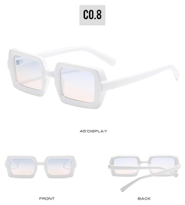 Three perspectives of white square frame sunglasses with light blue gradient lenses