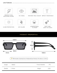 Detailed size specifications for rectangular sunglasses with PC frame measurements
