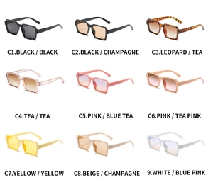 Grid display showing nine vintage rectangle sunglasses in various fashion colors