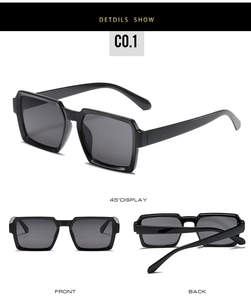 Detailed views of rectangular black sunglasses including front, back and 45-degree angle