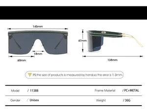 Detailed size chart for oversized one-piece sunglasses showing dimensions and PC metal frame