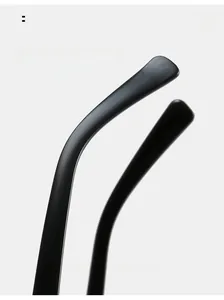 Detail of curved glossy black temples on square sunglasses for comfortable wearing