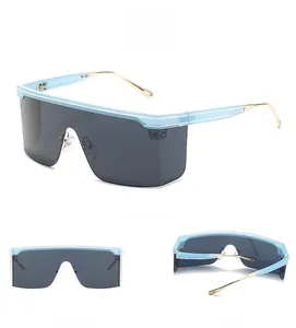 Detail view showing sky blue oversized frame and golden metal temples of the sunglasses