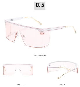 Three views of oversized white sunglasses with pink lenses and gold metal temples
