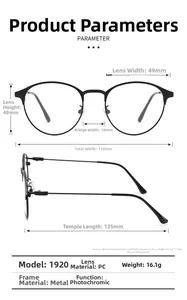 Paramètres de taille détaillés pour lunettes rétro en métal incluant dimensions et poids total