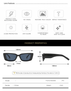 Detailed technical specifications of black rectangular sunglasses with PC frame and UV400 protection