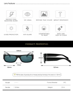 Detailed technical drawing of retro square sunglasses with frame dimensions and UV400 features