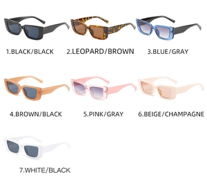 Detailed grid view showcasing seven retro rectangle sunglasses in assorted vibrant colors