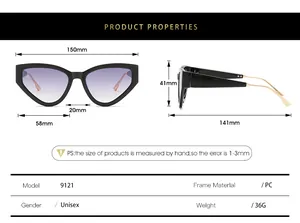 Detailed size chart for black cat eye sunglasses featuring frame and lens dimensions