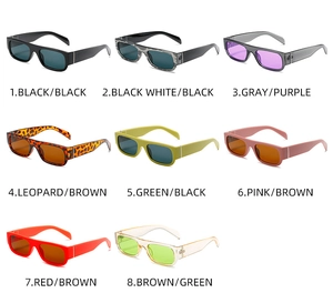 Flat lay of retro rectangle sunglasses in eight different trendy color schemes and lenses