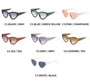 Detailed grid of cat-eye sunglasses featuring metal temples and plastic frames in various colors