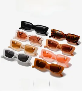 Detail view showing assorted rectangle sunglasses with decorative V logo on temples