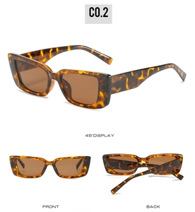 Three perspectives of rectangular tortoiseshell sunglasses with brown lenses on white backdrop