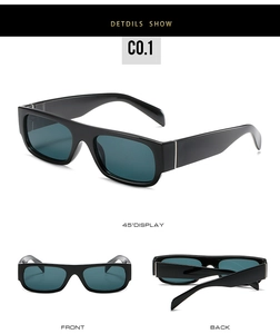 Three perspectives of retro rectangular sunglasses with black frames and dark lenses