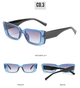 Detailed views of blue square sunglasses with gradient lenses from multiple angles