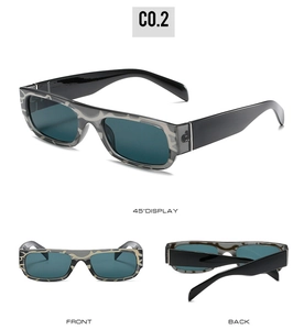 Three-angle view of vintage rectangle sunglasses in gray camouflage with dark lenses