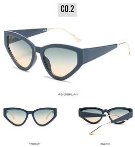 Detailed view of cat eye sunglasses with blue frames and gradient lenses from three angles