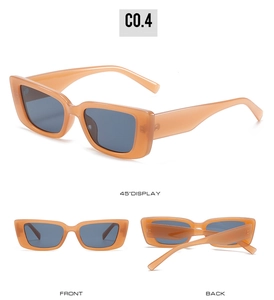 Detailed views of square frame sunglasses in warm orange resin with grey lenses