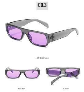 Detailed multi-angle views of vintage rectangle sunglasses with grey frames and purple lenses