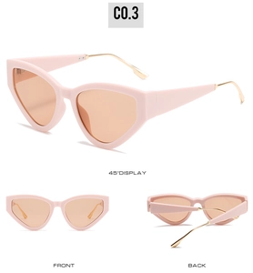 Three-way view of cat eye sunglasses with pink frames and gold metal temples