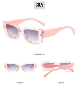 Detailed views of vintage square pink sunglasses with purple gradient lenses